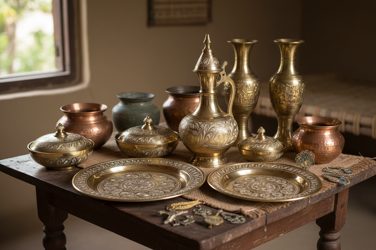 Brass and Metal Crafts: Traditional utensils, ornaments, and decorative metalwork.