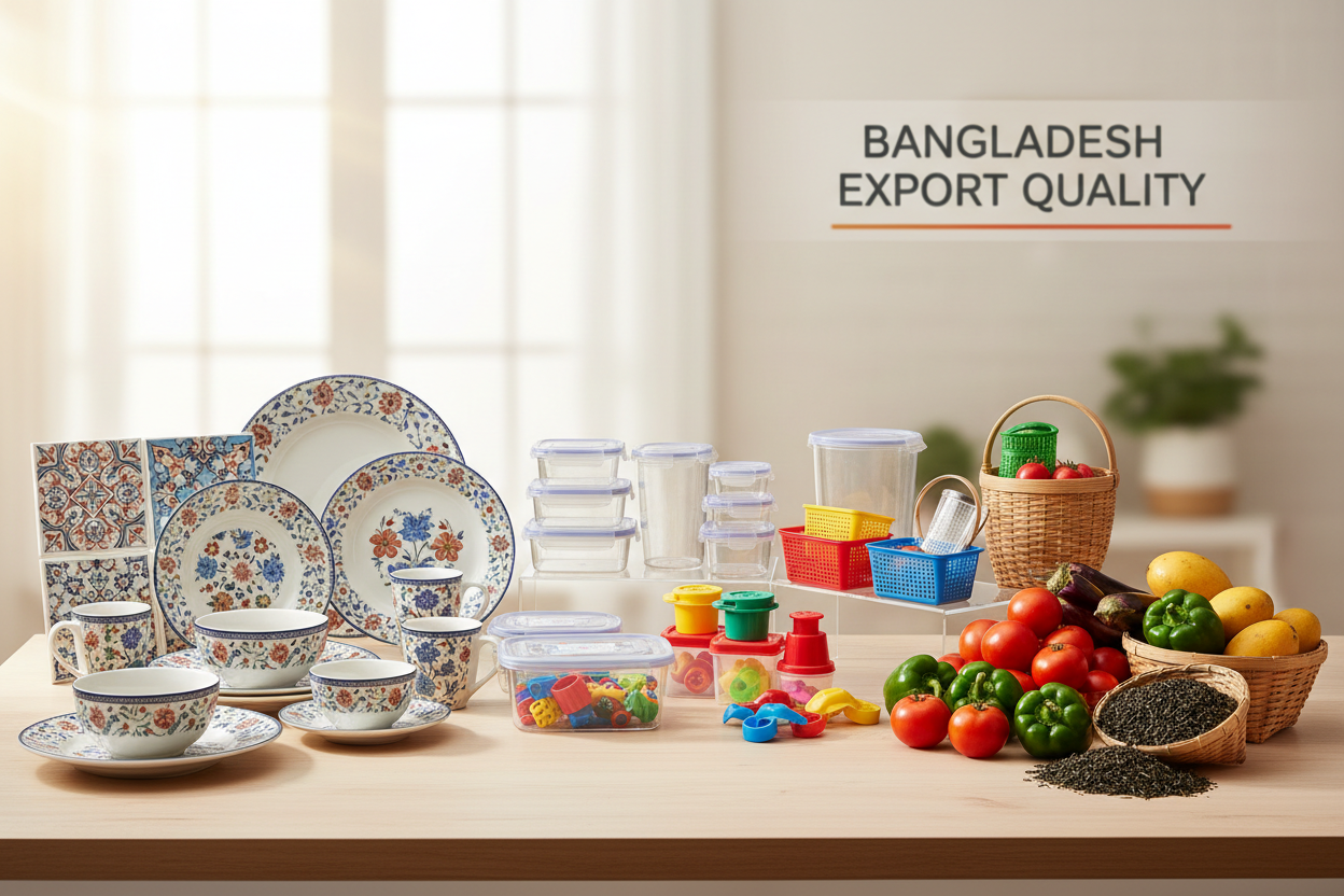 Ceramics (tableware, tiles), Plastic Products, and Agro Products (vegetables, tea).
