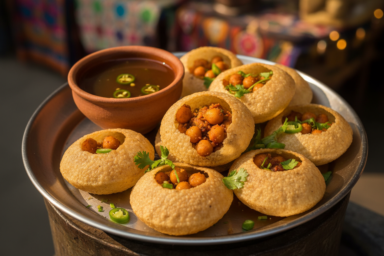 Fuchka / Pani Puri: The most popular street food—crispy hollow puris filled with a spicy, tangy mixture of chickpeas, potatoes, and tamarind water.