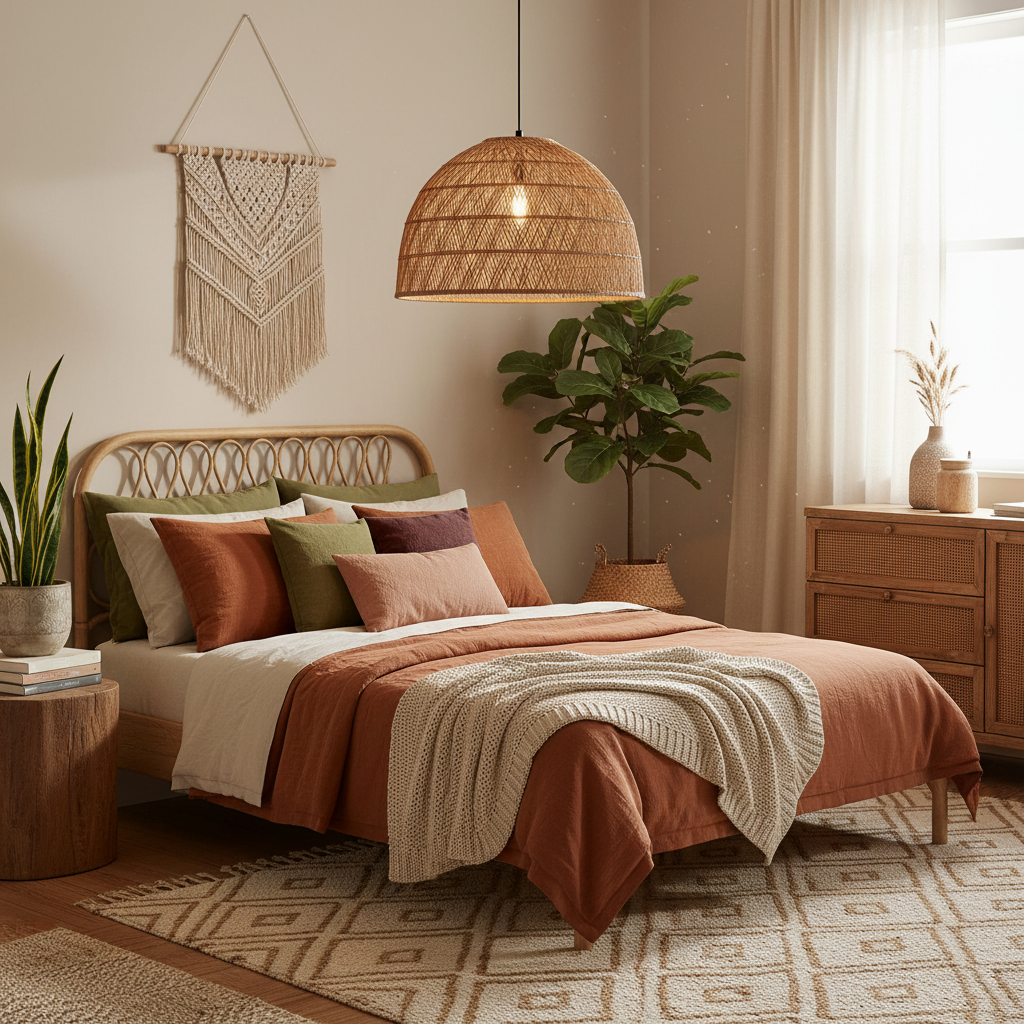 Handcrafted cane dome pendant lamp shade in styled boho bedroom interior
