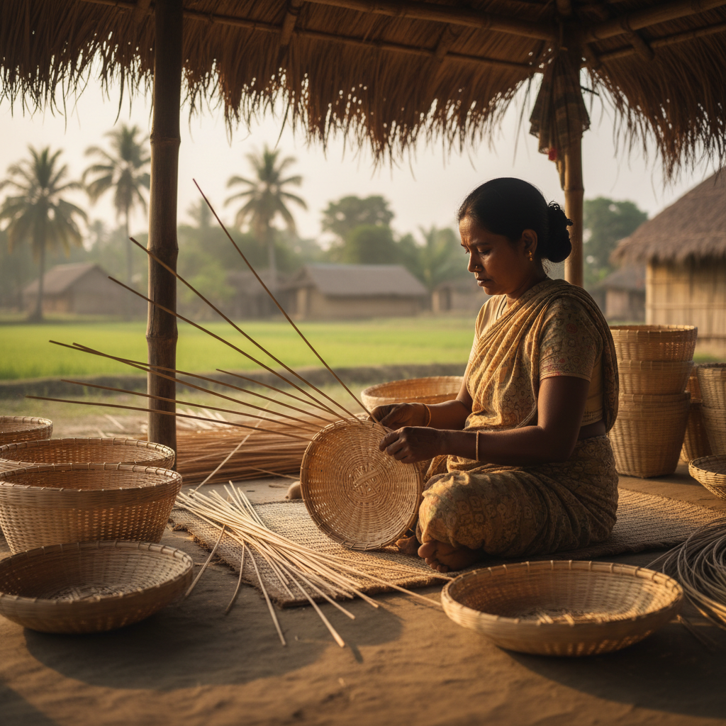 Bangladeshi Artisan Weaving Bamboo Basket