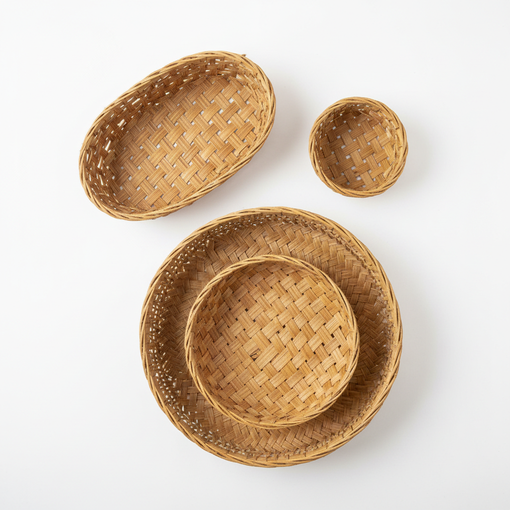 Bamboo and Cane Basket Set - White Background Flat Lay