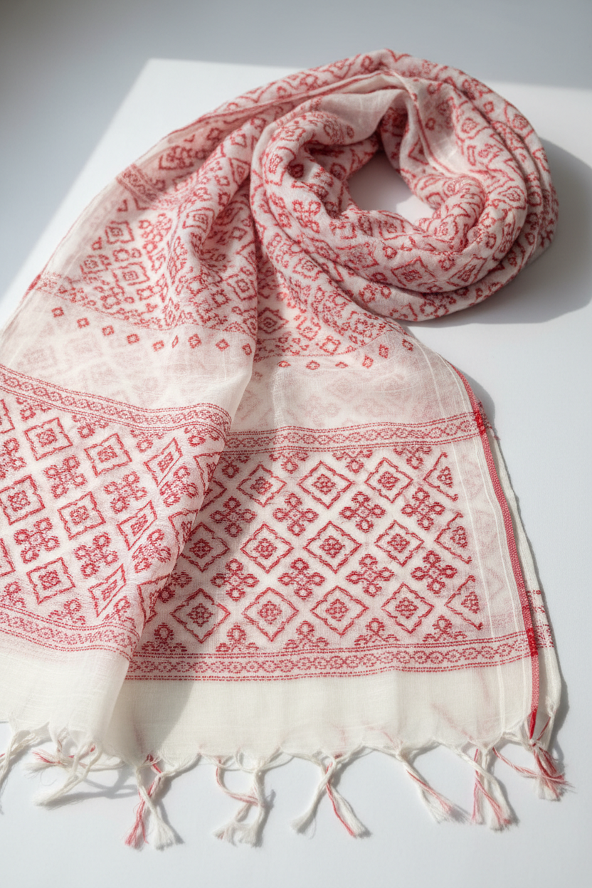 Jamdani Dupatta White Red