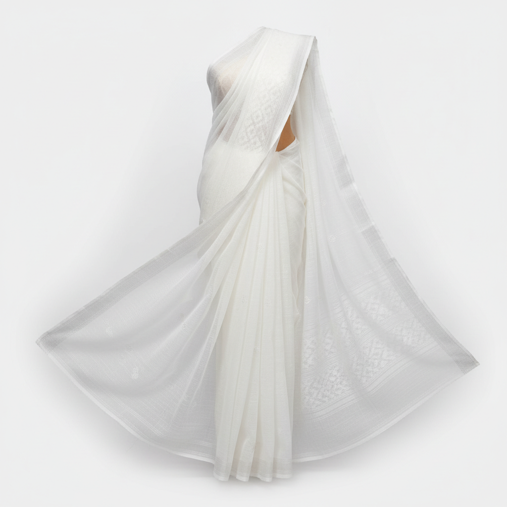 Dhaka Muslin Cotton Saree Hand-Woven White
