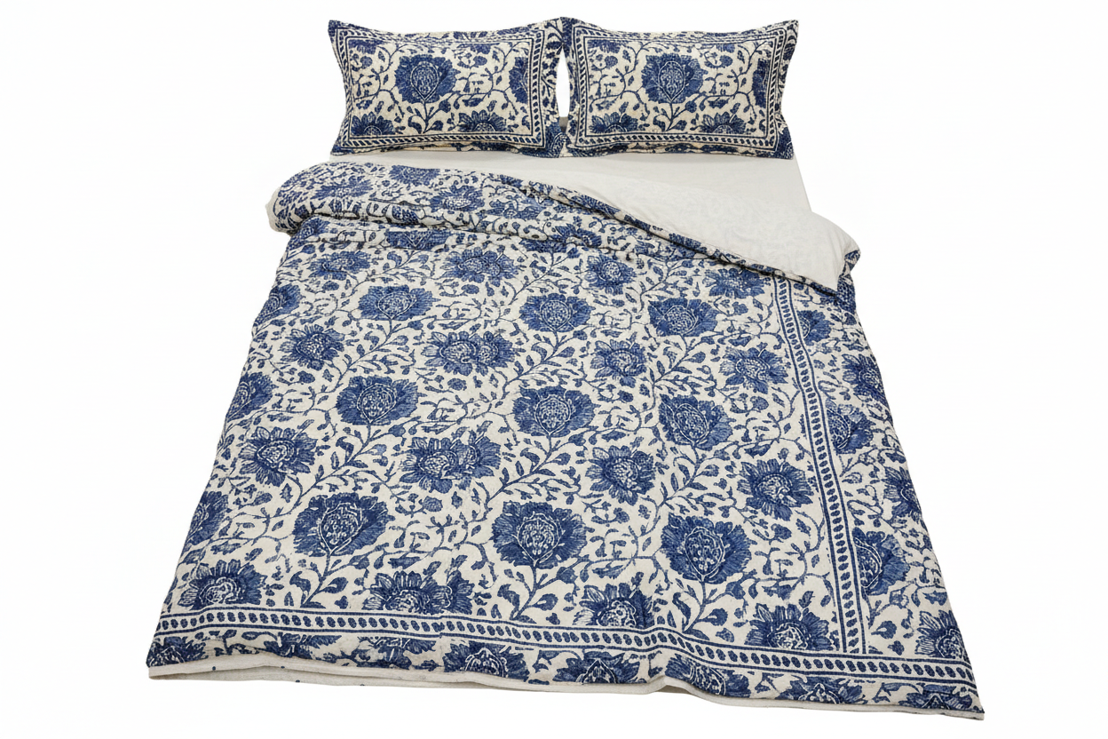 Indigo Block Print Bedsheet Set Handcrafted Bangladesh