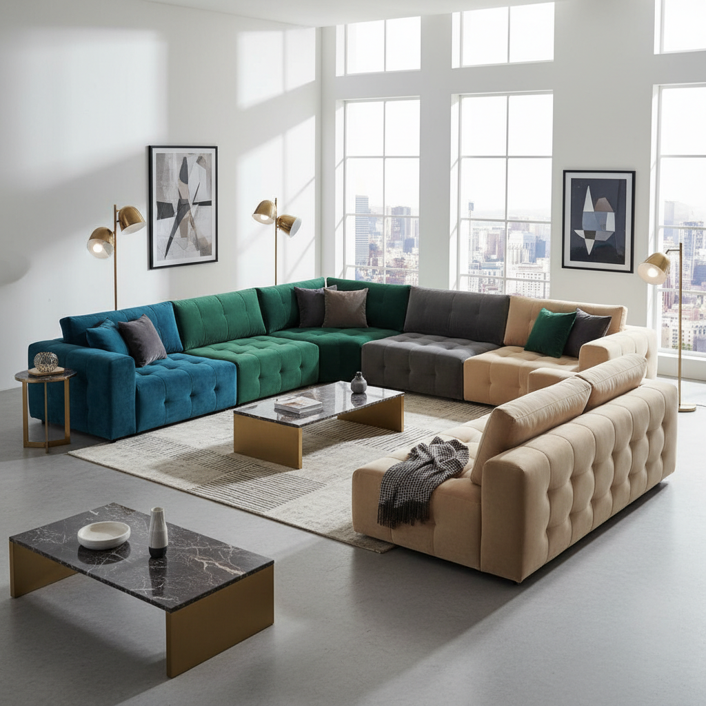 Luxury modular L-shaped sofa in premium velvet upholstery multiple colour options