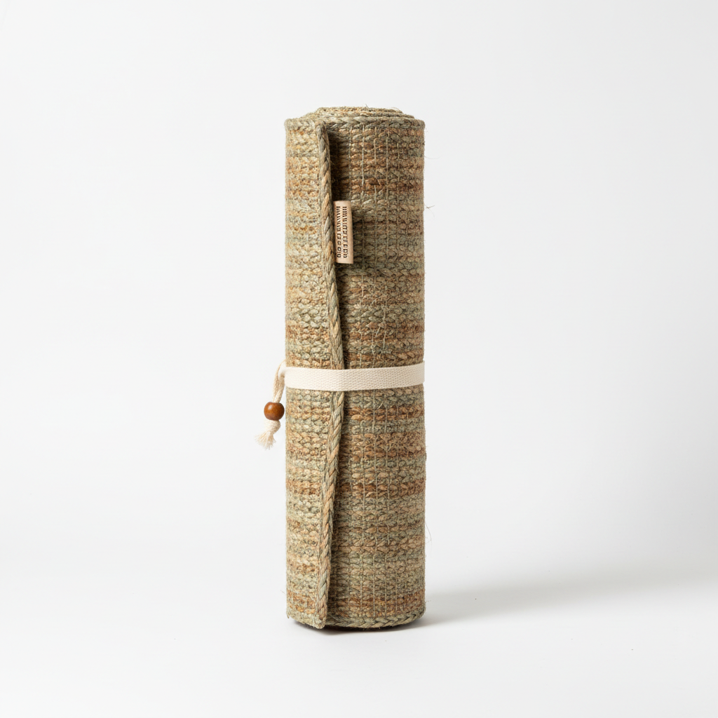 Jute yoga mat rolled up side view