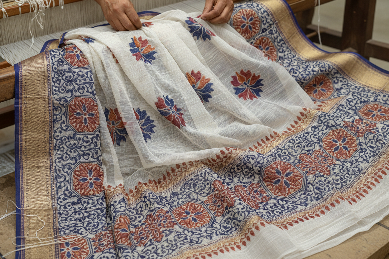 Jamdani Saree: A fine muslin textile with intricate, time-consuming loom work, famous for its geometric and floral patterns. It has UNESCO Intangible Cultural Heritage status.