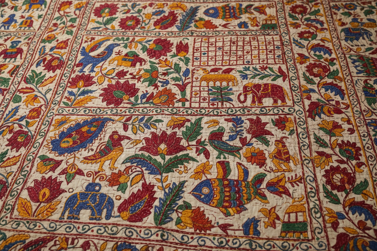 Nakshi Kantha: A type of embroidered quilt made from old cloth, famous for its detailed folk motifs and stories stitched by rural women.