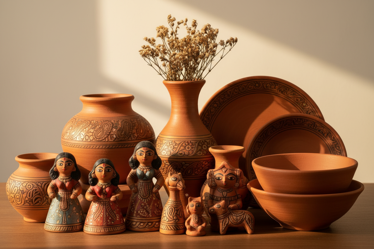 Pottery and Terracotta: Clay dolls, figurines, and household items.